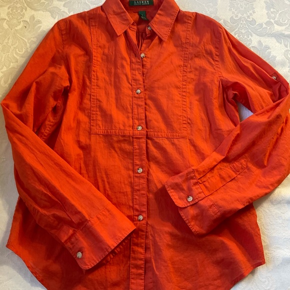 Lauren Ralph Lauren Shirt Orange Button Up Women Size Small Cotton Rollup Sleeve - Picture 3 of 8